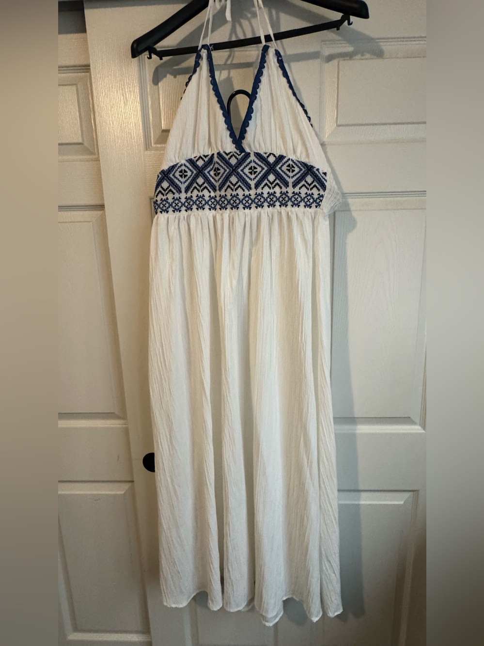 Girls' White Halter Maxi Dress with Navy Embroidery